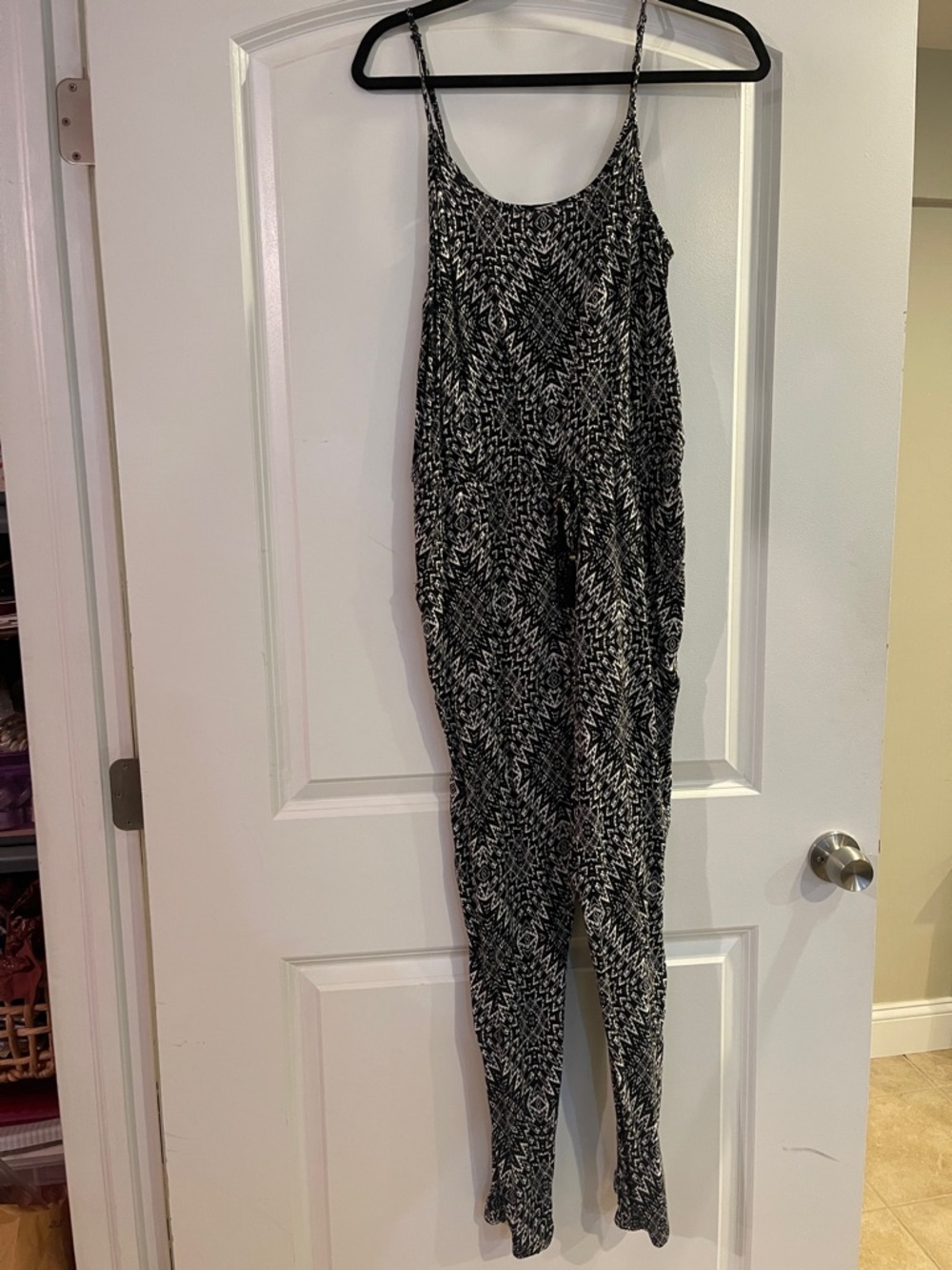 Aeropostale Black & White Printed Spaghetti-Strap Jumpsuit